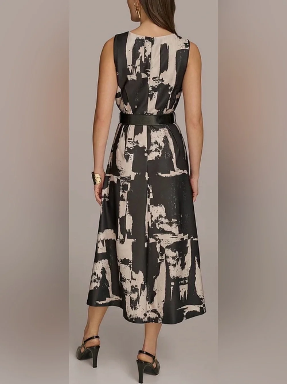 NEW Donna Karan Abstract Print Crew Neck Sleeveless Belted Scuba Midi Dress 14 - Picture 2 of 11